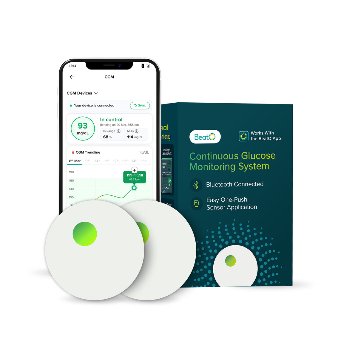 BeatO CGM Glucose Monitor for diabetes | 15-Day Glucose Tracking | Bluetooth Connected | AI Insights | No-Scan, One-Push Application