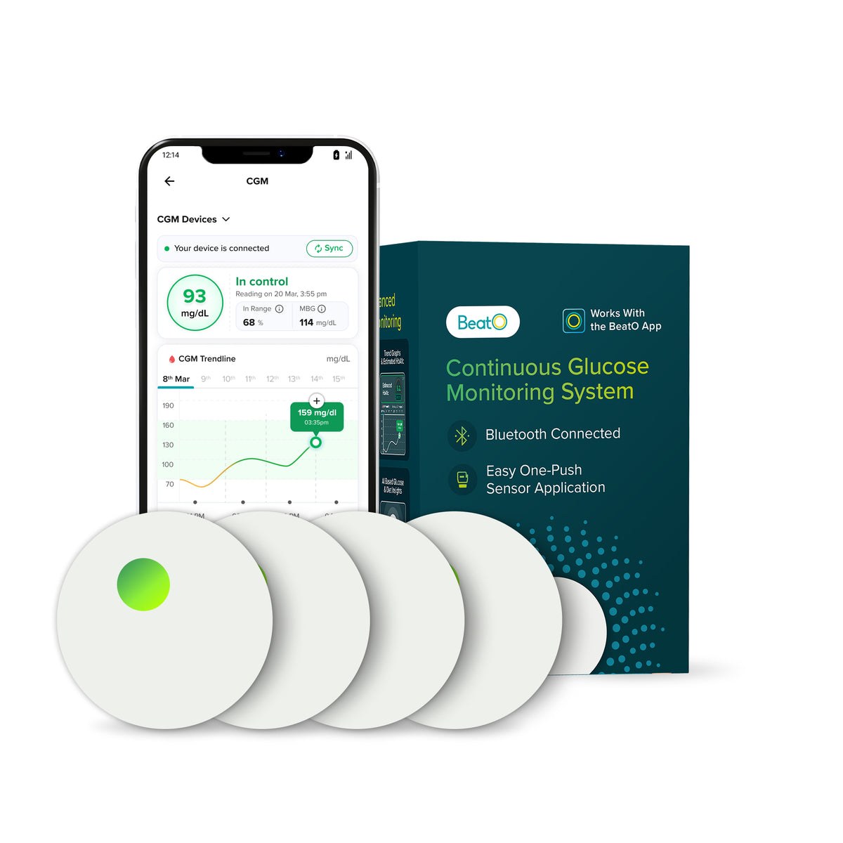 BeatO CGM Glucose Monitor for diabetes | 15-Day Glucose Tracking | Bluetooth Connected | AI Insights | No-Scan, One-Push Application