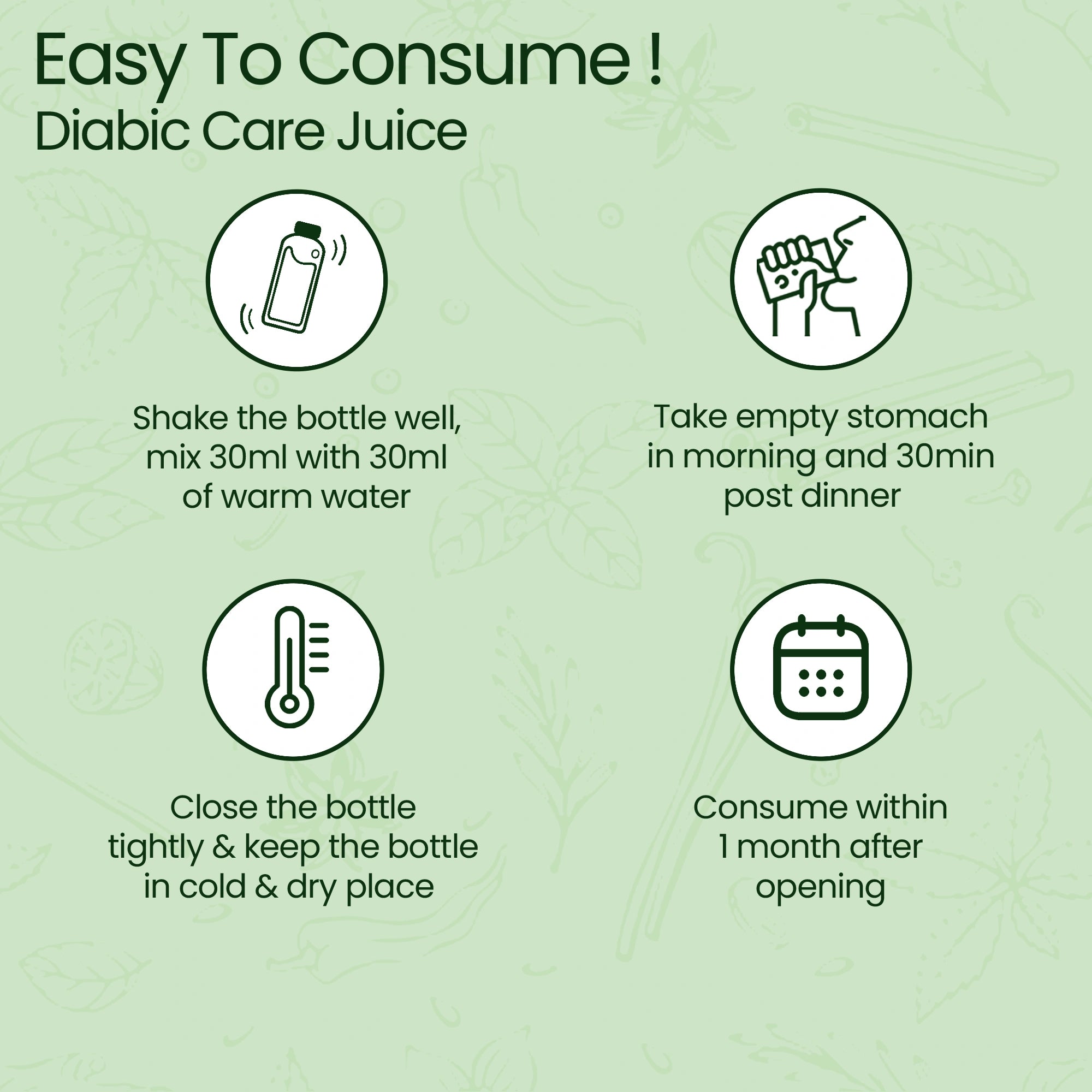 Instructions for Diabic Care Juice on a green background
