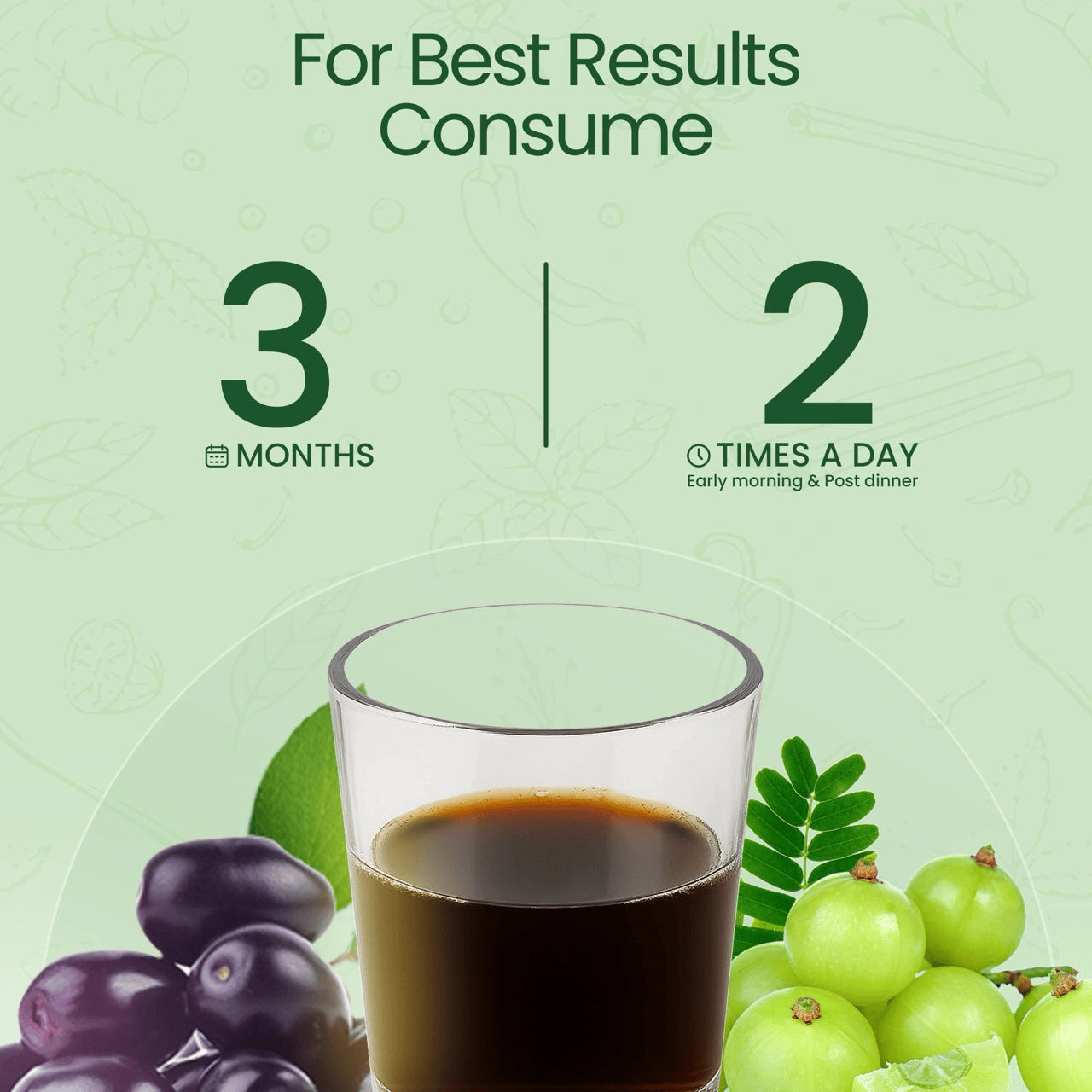 Glass of dark liquid with green fruits on a light green background, promoting consumption guidelines.