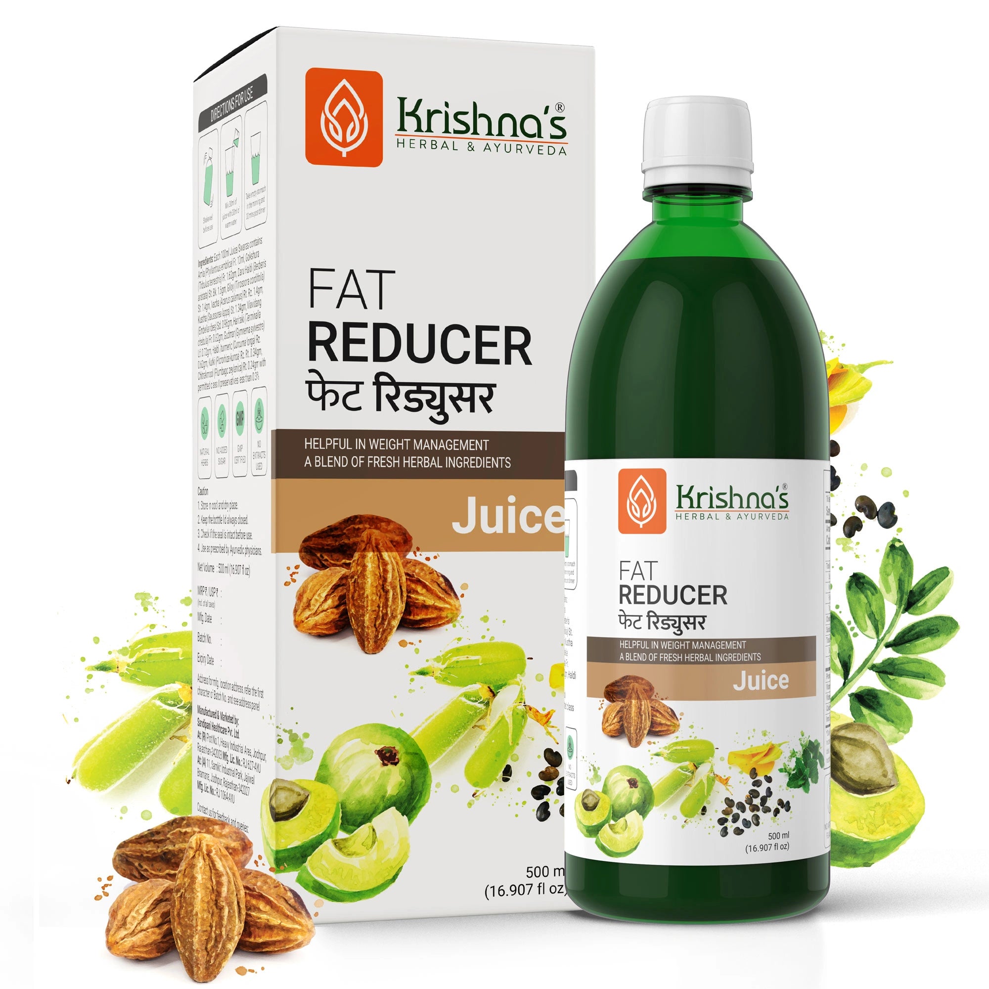 Krishna's Fat Reducer Juice packaging and bottle on a white background