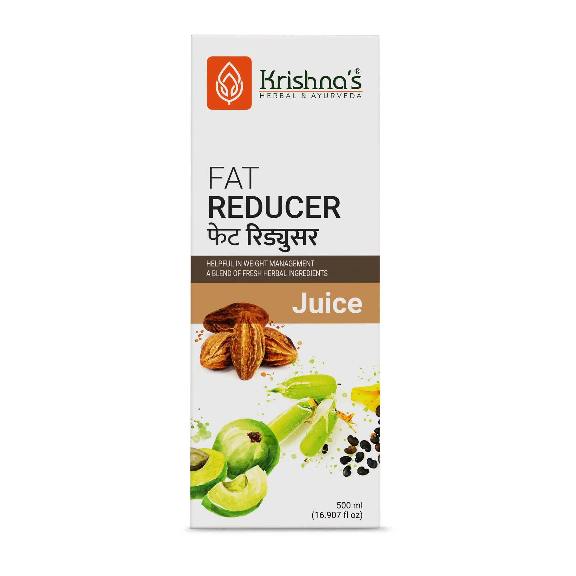 Krishna's Fat Reducer Juice packaging on a white background