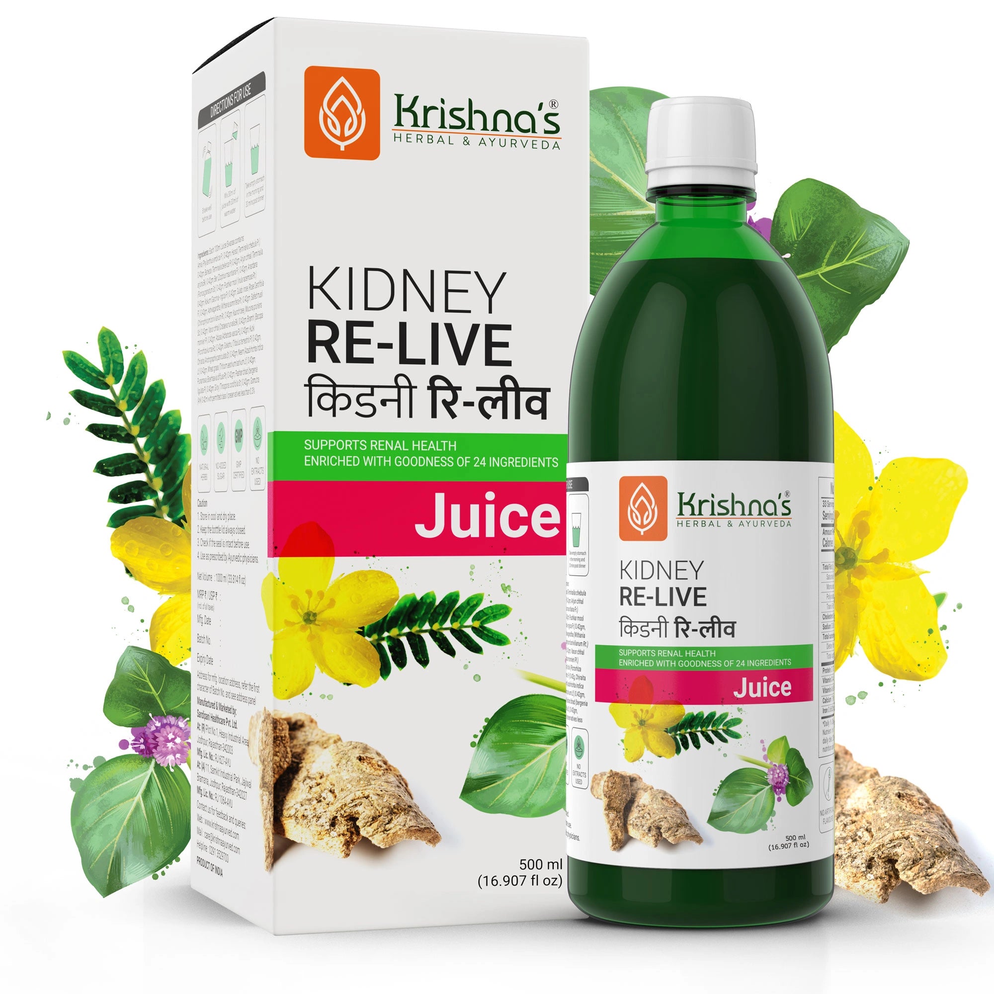 Krishna's Kidney Re-Live Juice packaging with a bottle and box on a white background