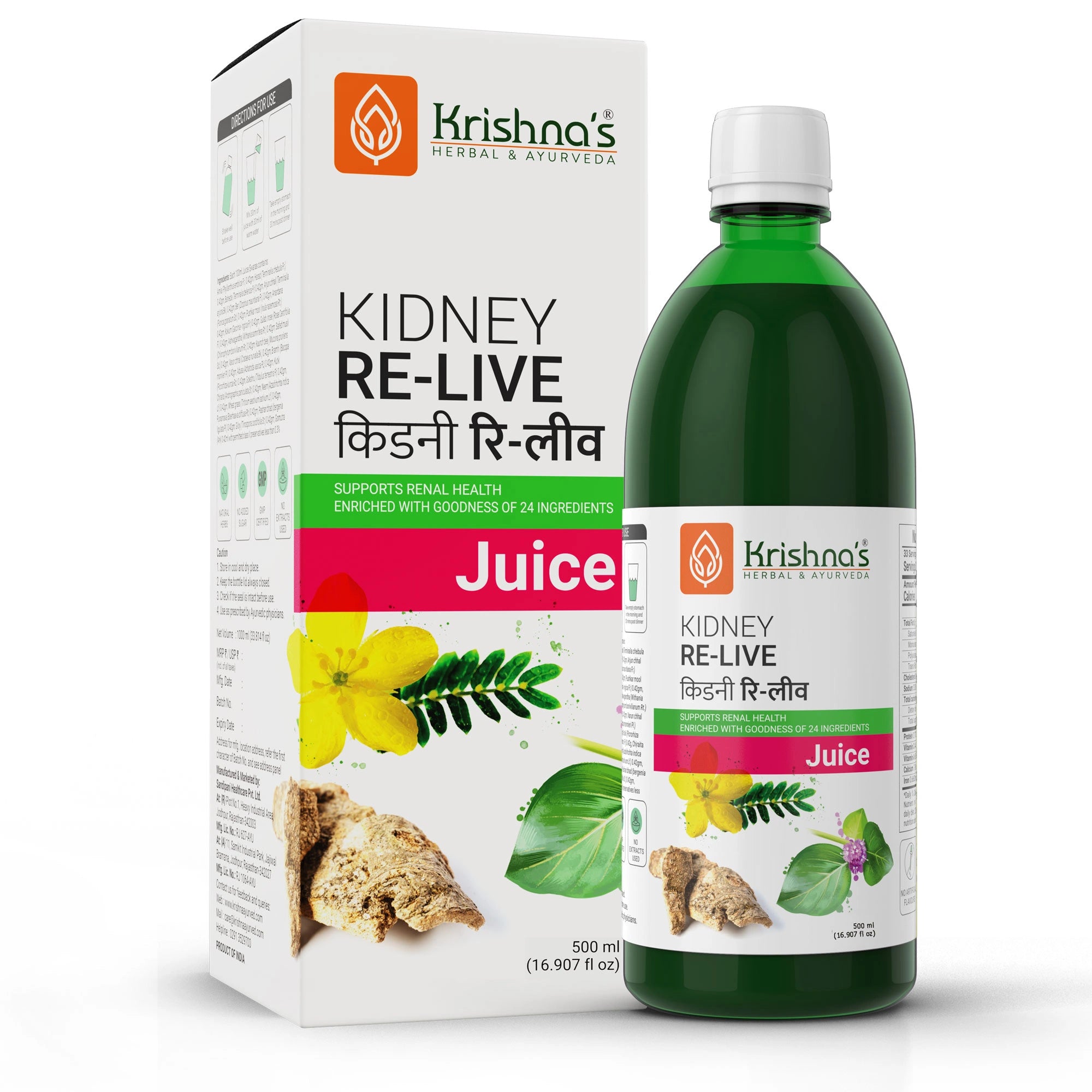 Krishna's Kidney Re-Live Juice packaging and bottle on a white background