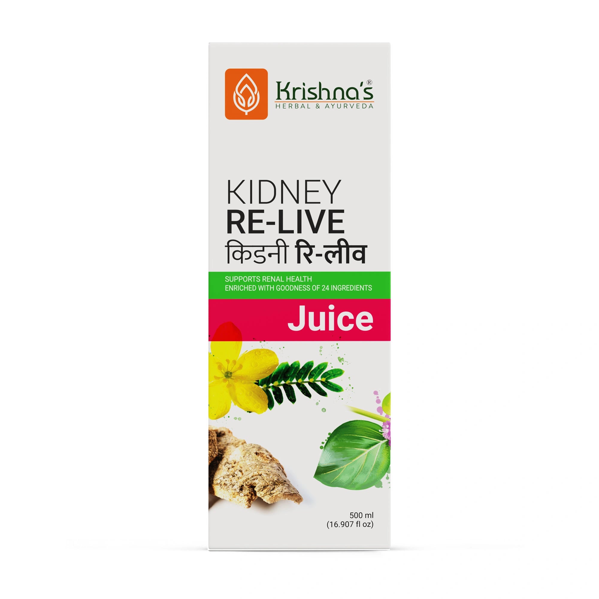 Krishna's Kidney Re-Live Juice packaging on a white background
