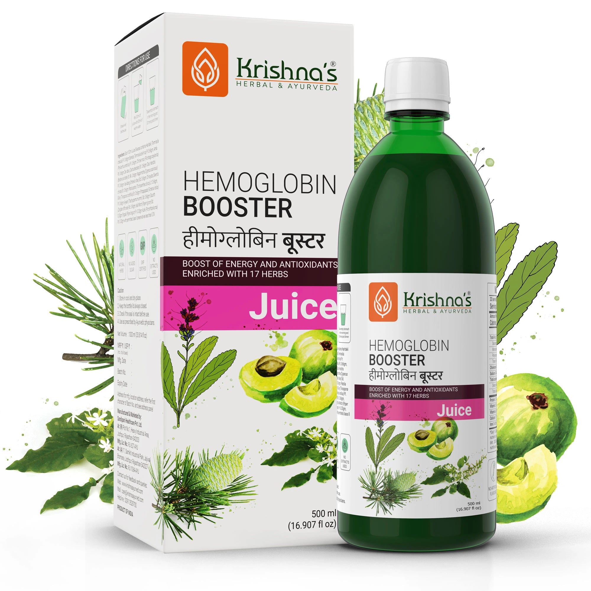 Krishna's Hemoglobin Booster Juice packaging and bottle on a white background