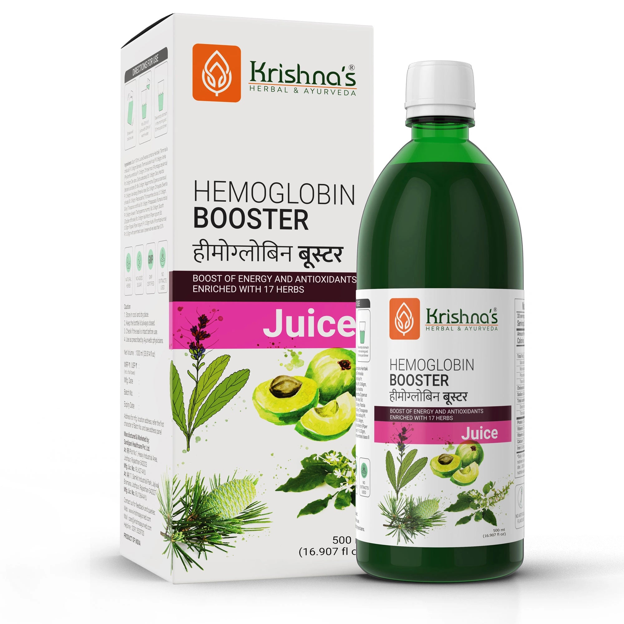 Krishna's Hemoglobin Booster Juice packaging and bottle on a white background