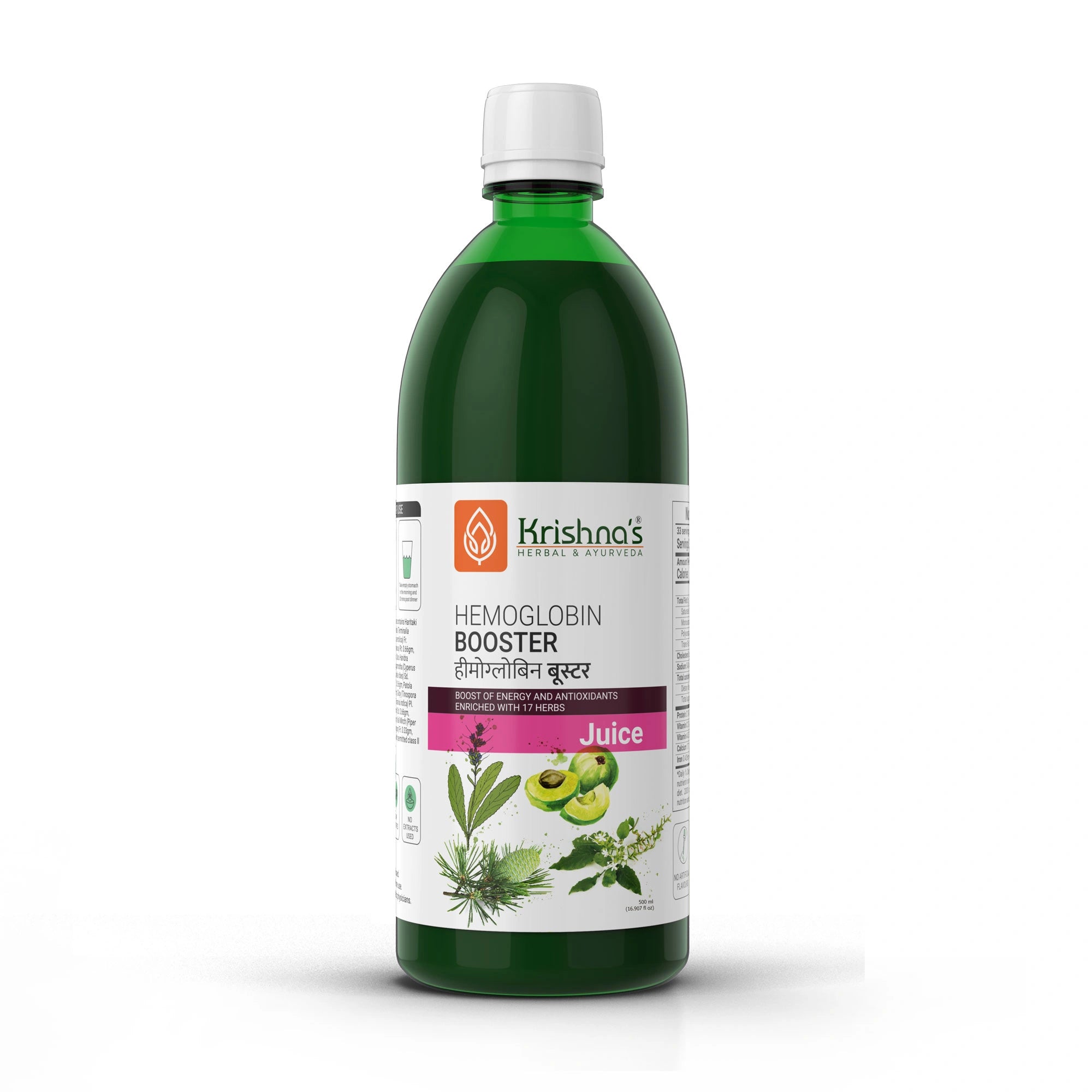 Bottle of Krishna's Hemoglobin Booster Juice on a white background
