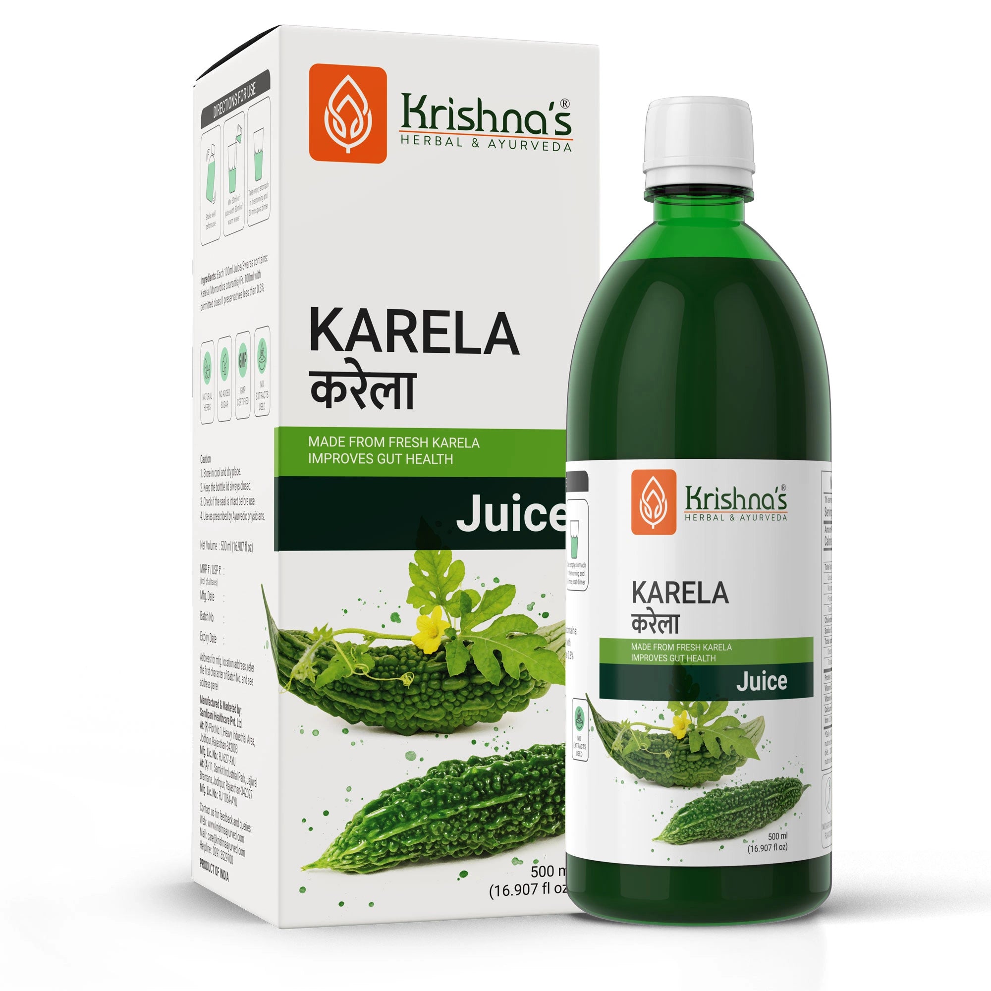 Krishna's Karela Juice packaging with bottle and box on a white background