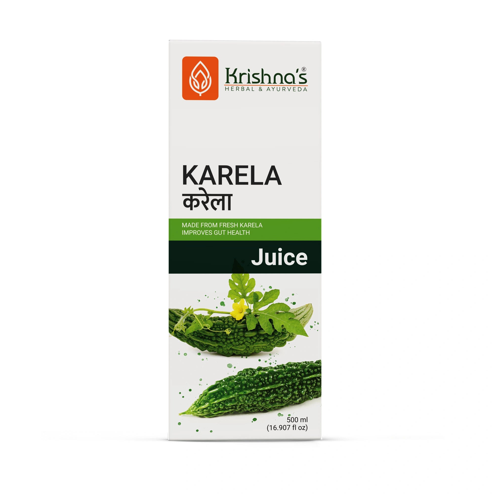 Krishna's Karela Juice packaging on a white background