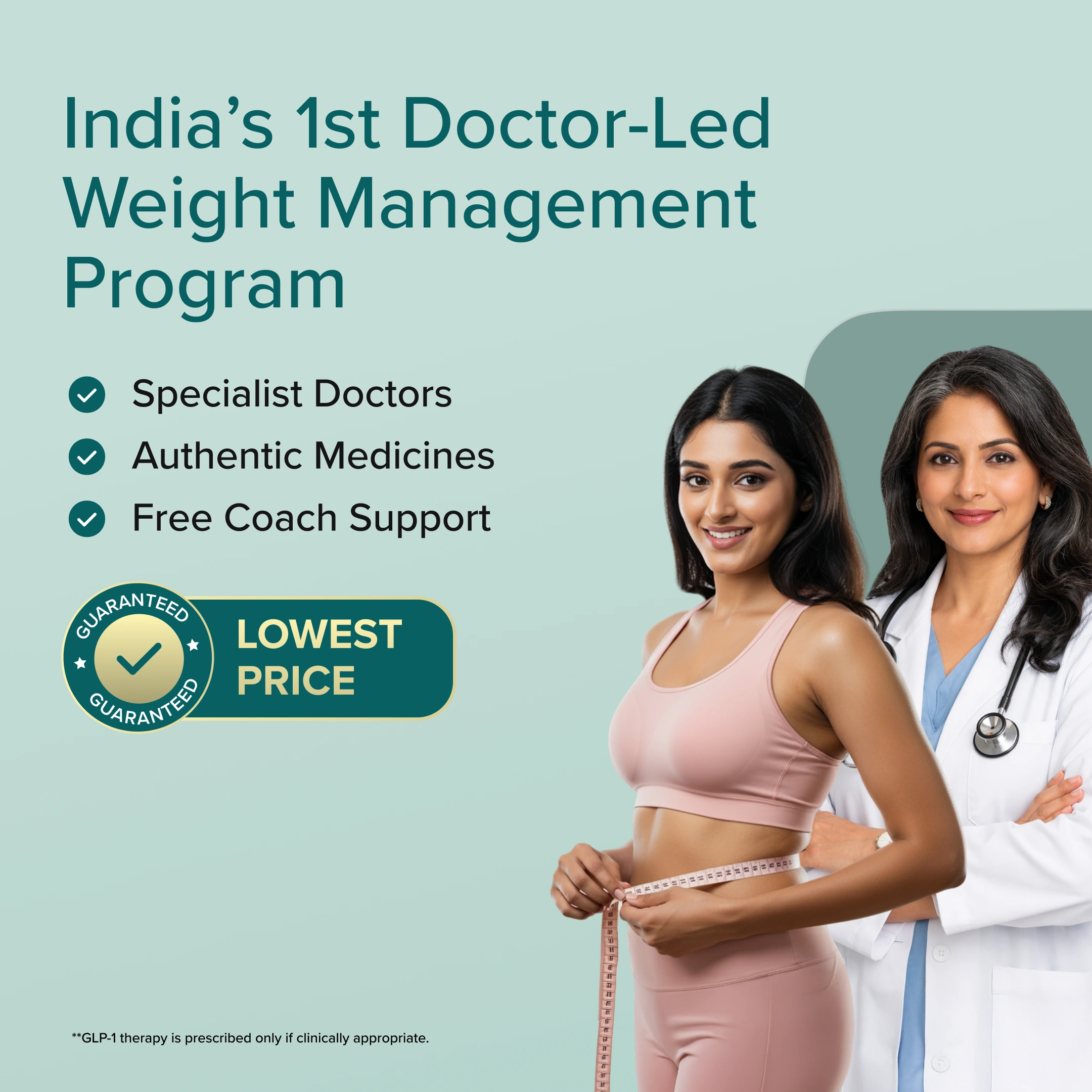 Advertisement for India's 1st Doctor-led Weight Management Program featuring a woman and a doctor on a light green background.