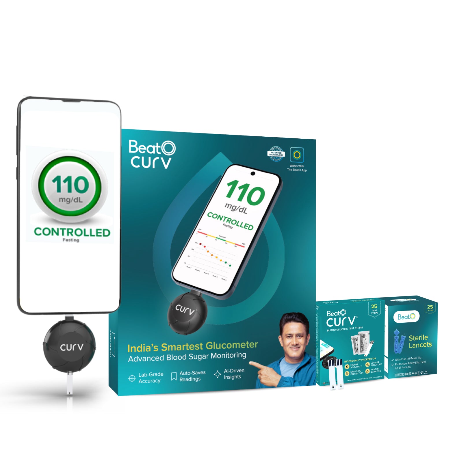 BeatO CURV Glucometer FREE Strips & Lancets Type-C USB Connector | Android Only