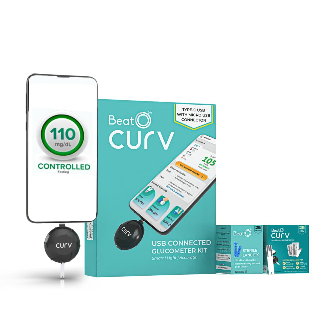 BeatO CURV Glucometer FREE Strips & Lancets Type-C USB Connector | Android Only