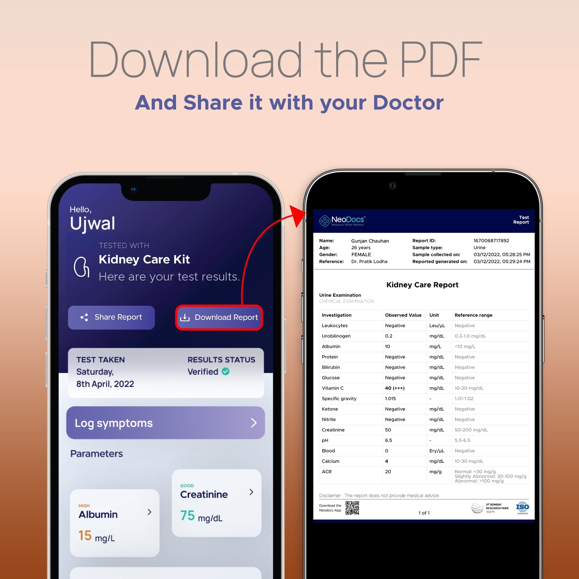 NeoDocs Kidney Care Kit | Instant At-Home | Track 15 Parameters | Albumin, ACR, Creatinine, Protein, Glucose, Ketones, Hydration, pH, Leukocytes, Nitrites + Other Essential Parameters (1)