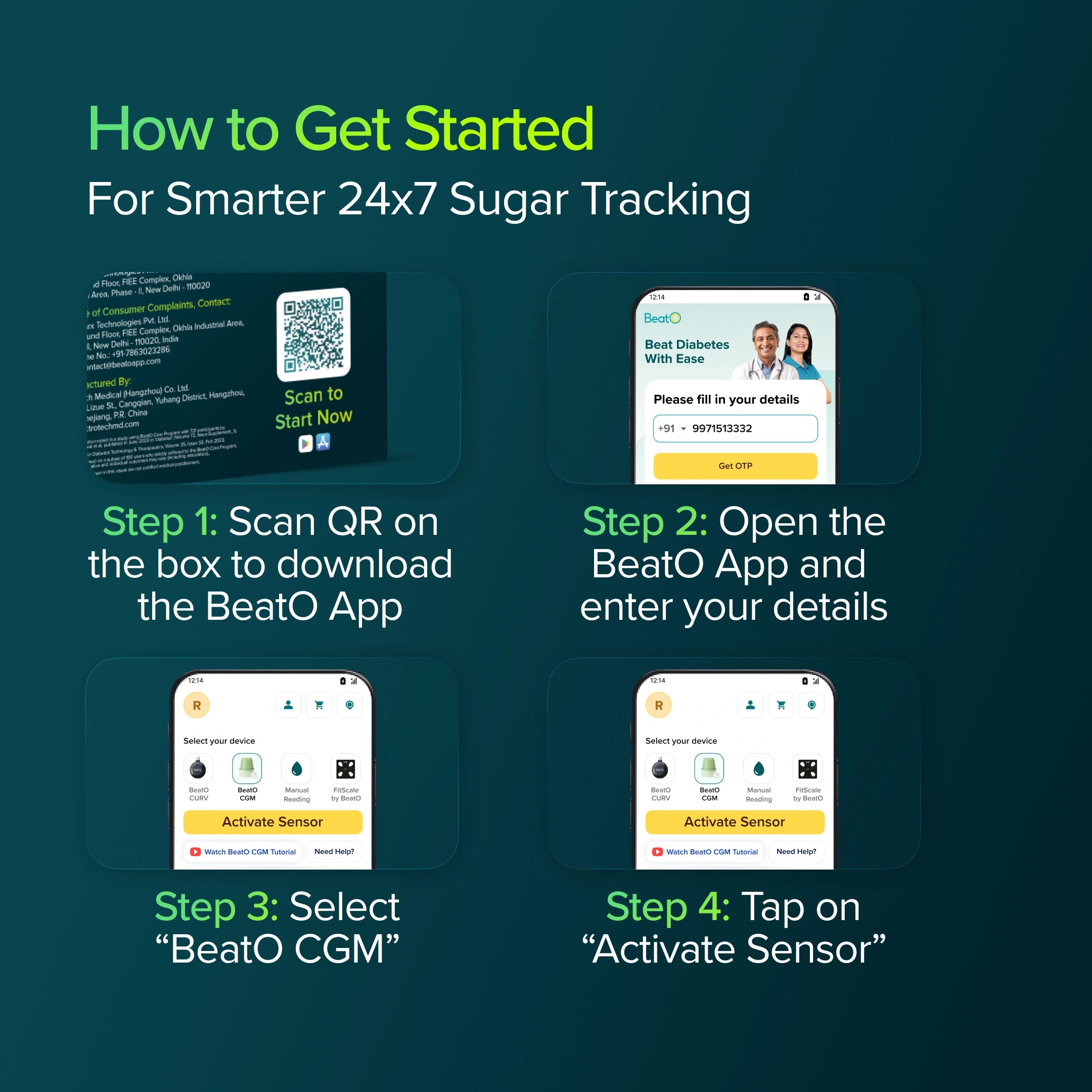 Instructions for using the BeatO app for 24/7 sugar tracking on a dark background.