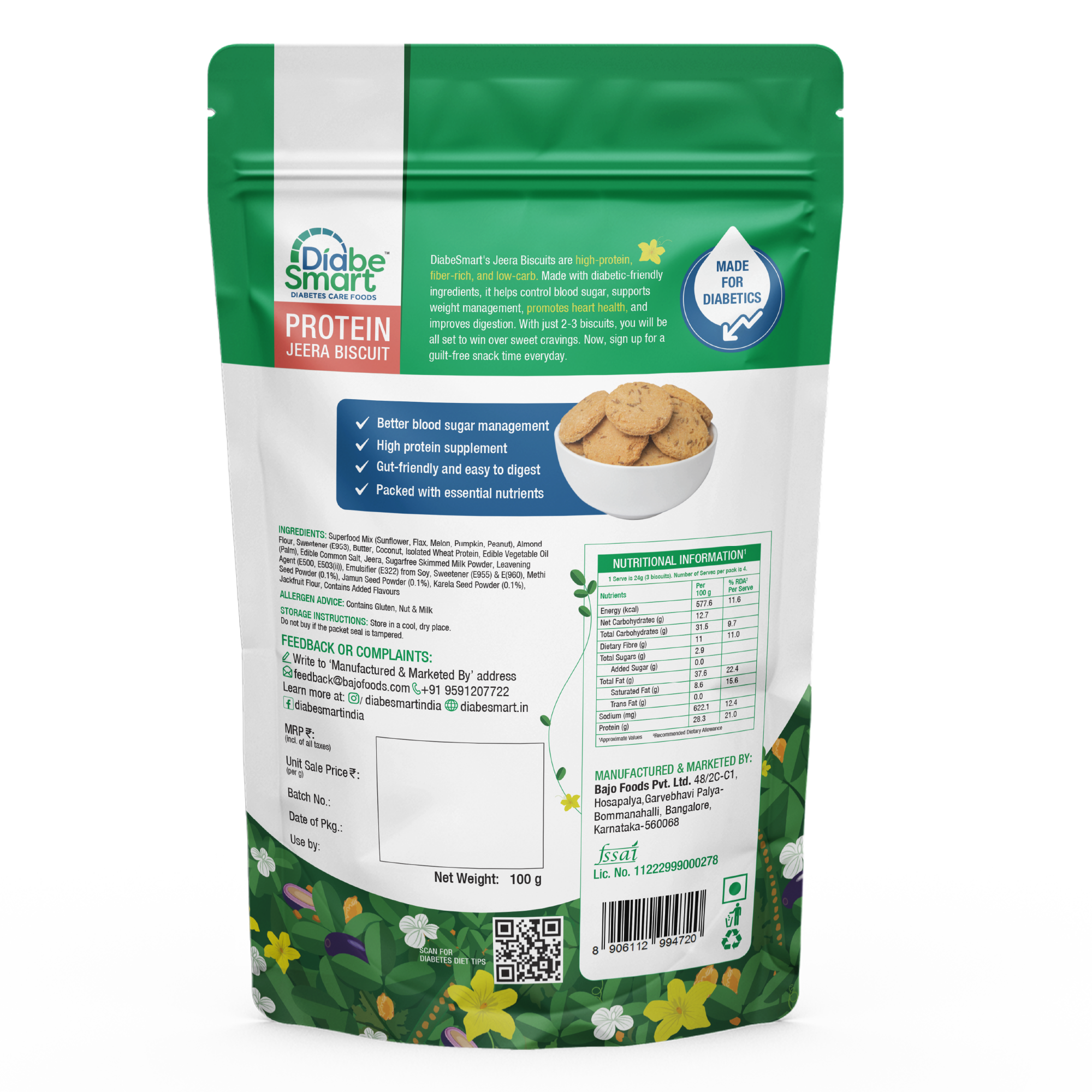 DiabeSmart Diabetic Jeera Cookies (100g) | Stevia Sweetened DIabetic Snacks | Sugar Free Biscuit Cookies