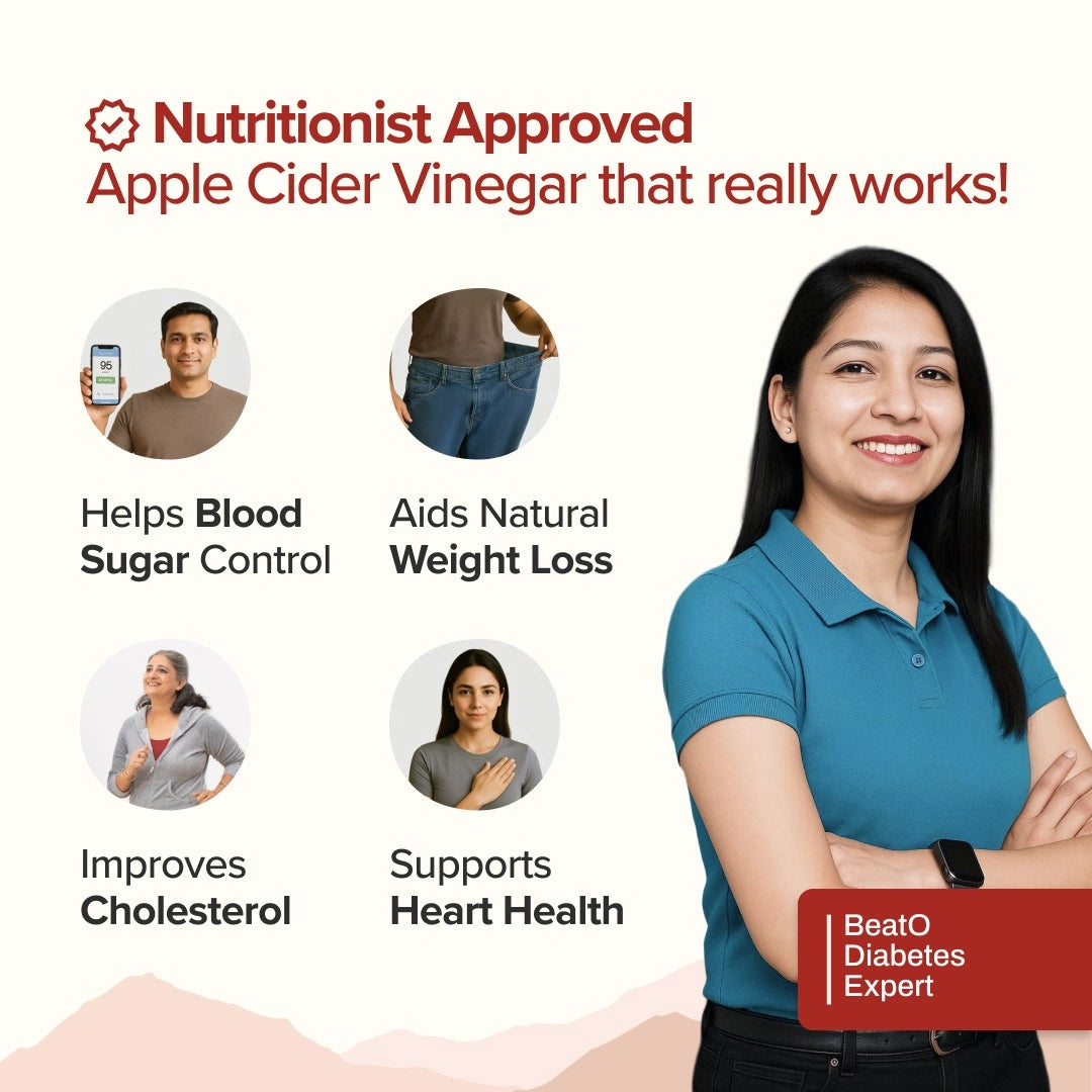 Advertisement for nutritionist-approved apple cider vinegar with a woman in a blue shirt and text about its benefits.