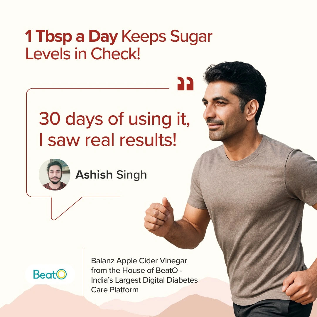 Man in a gray t-shirt with promotional text about Balanz Apple Cider Vinegar for diabetes management.