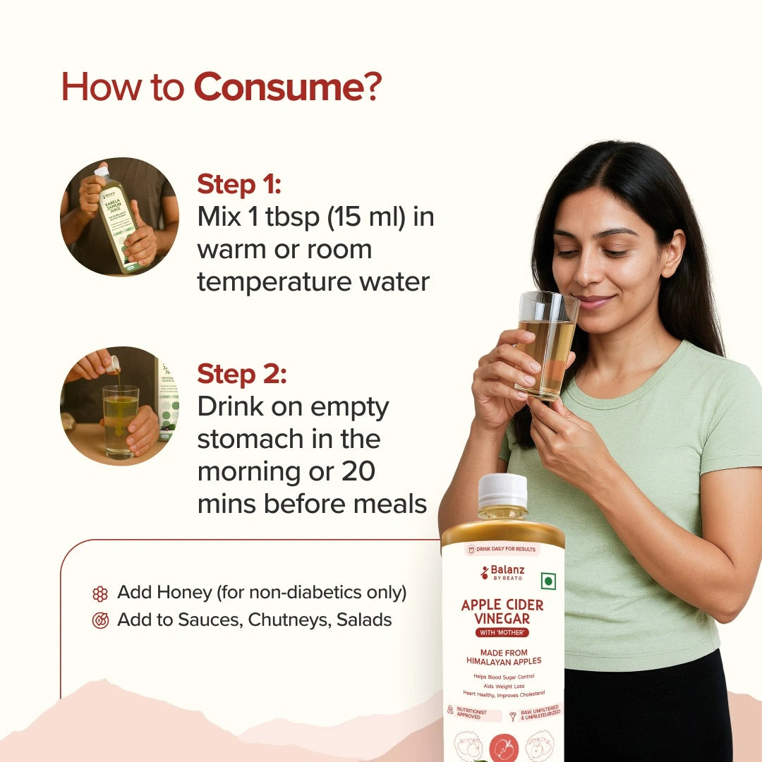 Woman holding a glass of apple cider vinegar with instructions on how to consume it.