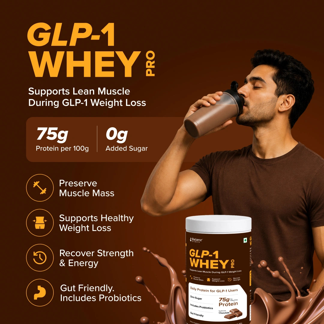 Man drinking a GLP-1 Whey Pro supplement shake with product packaging on a brown background