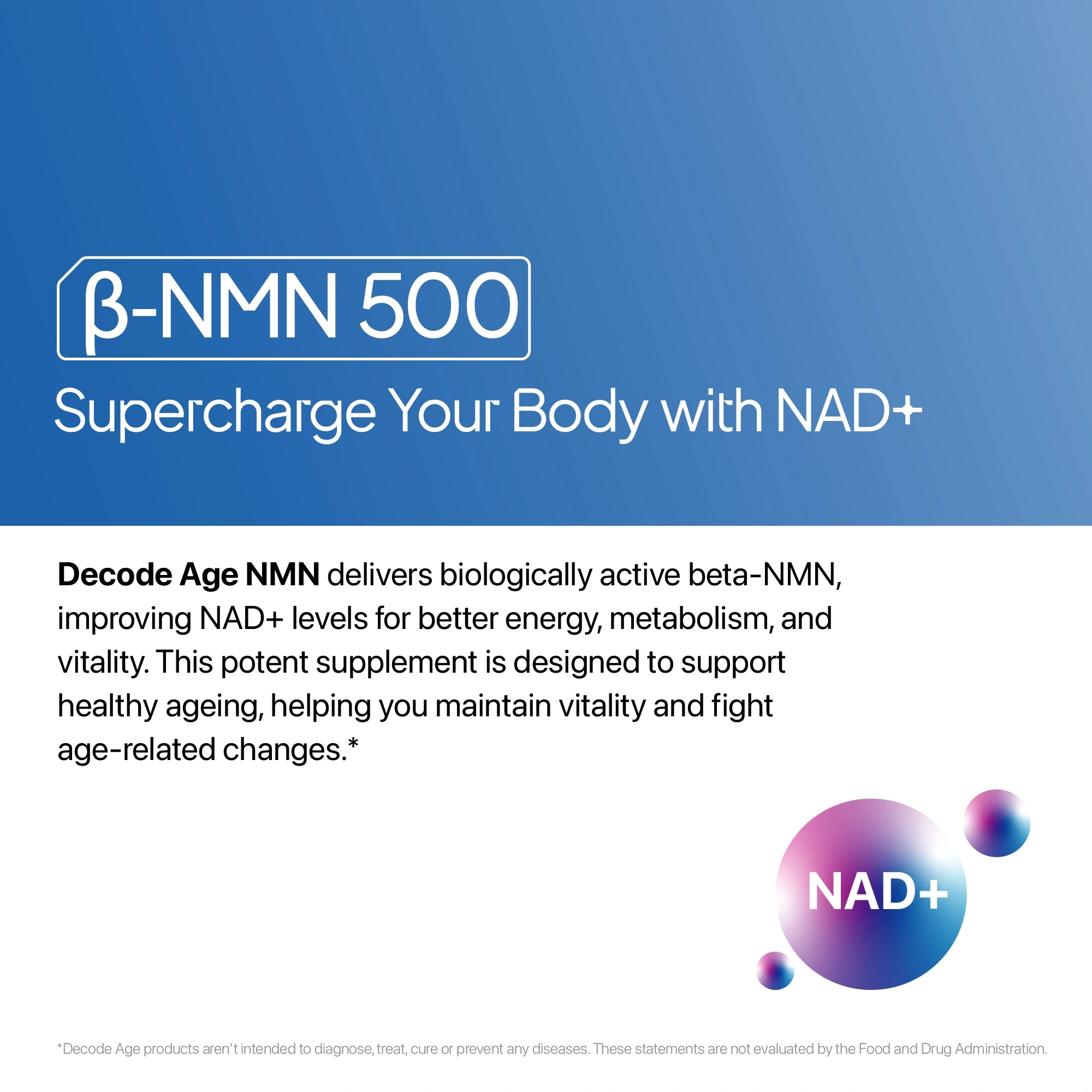 Advertisement for β-NMN 500 supplement on a blue and white background