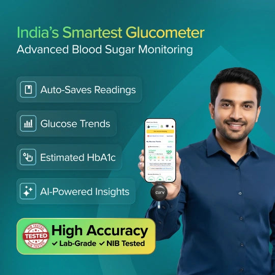 Man holding a smartphone with glucometer app on a blue background with promotional text about the glucometer.