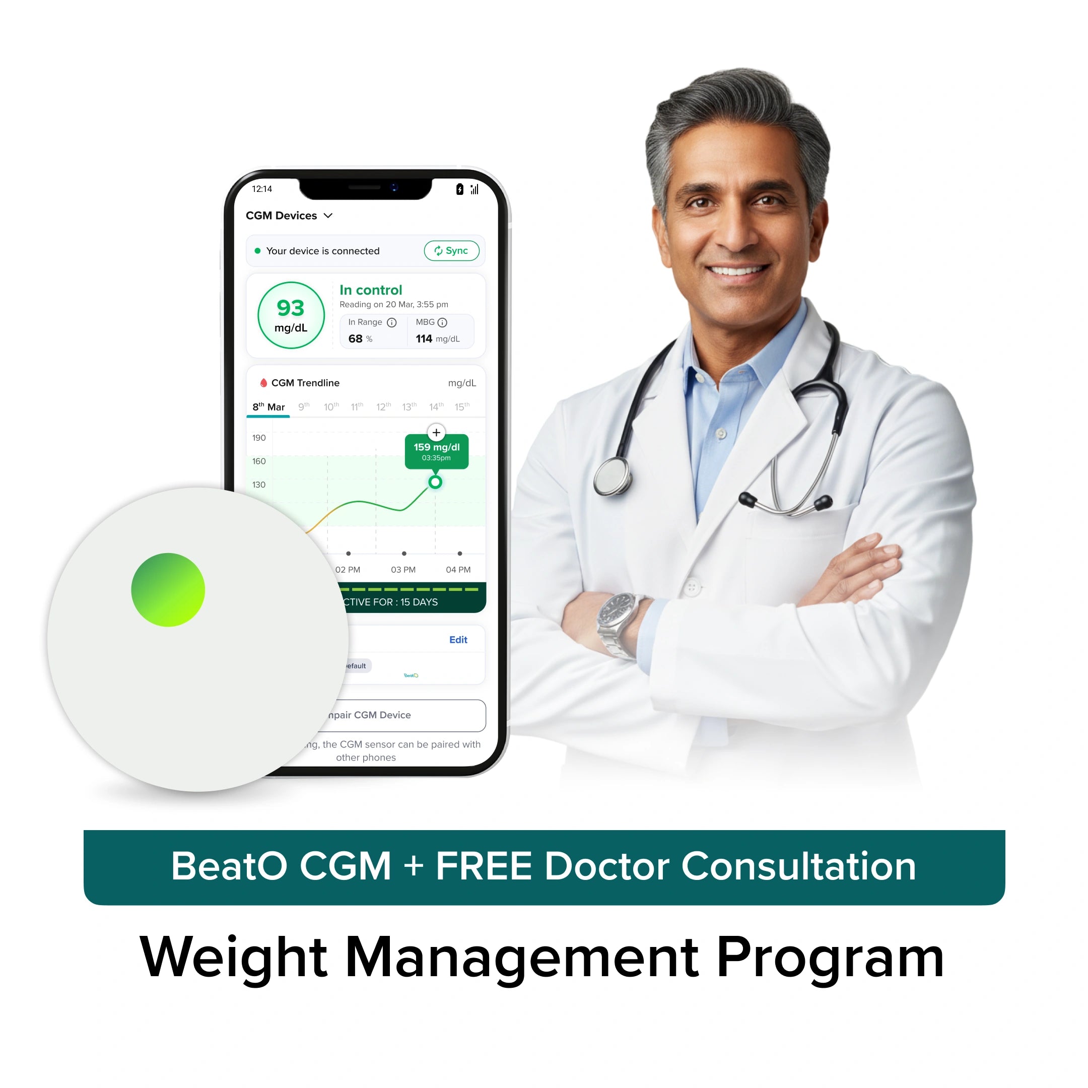 Doctor with smartphone displaying a CGM app and a device, promoting a weight management program.