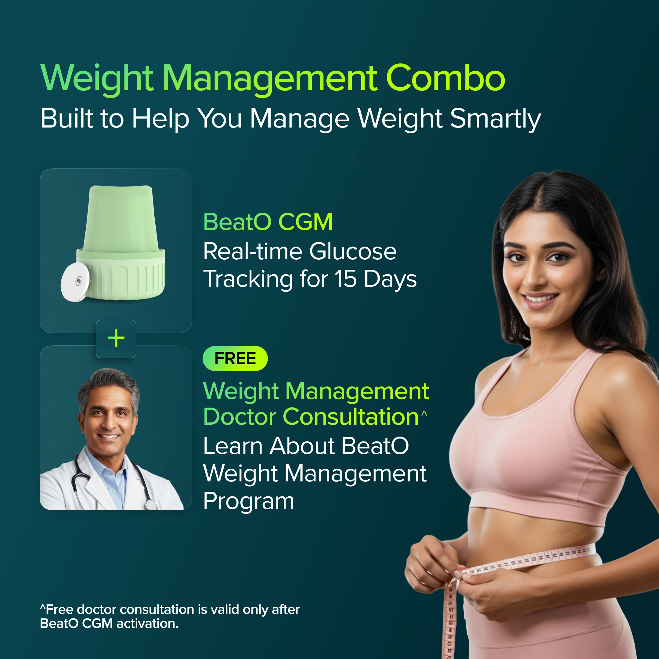 Advertisement for weight management combo with BeatO CGM and doctor consultation on a dark green background.