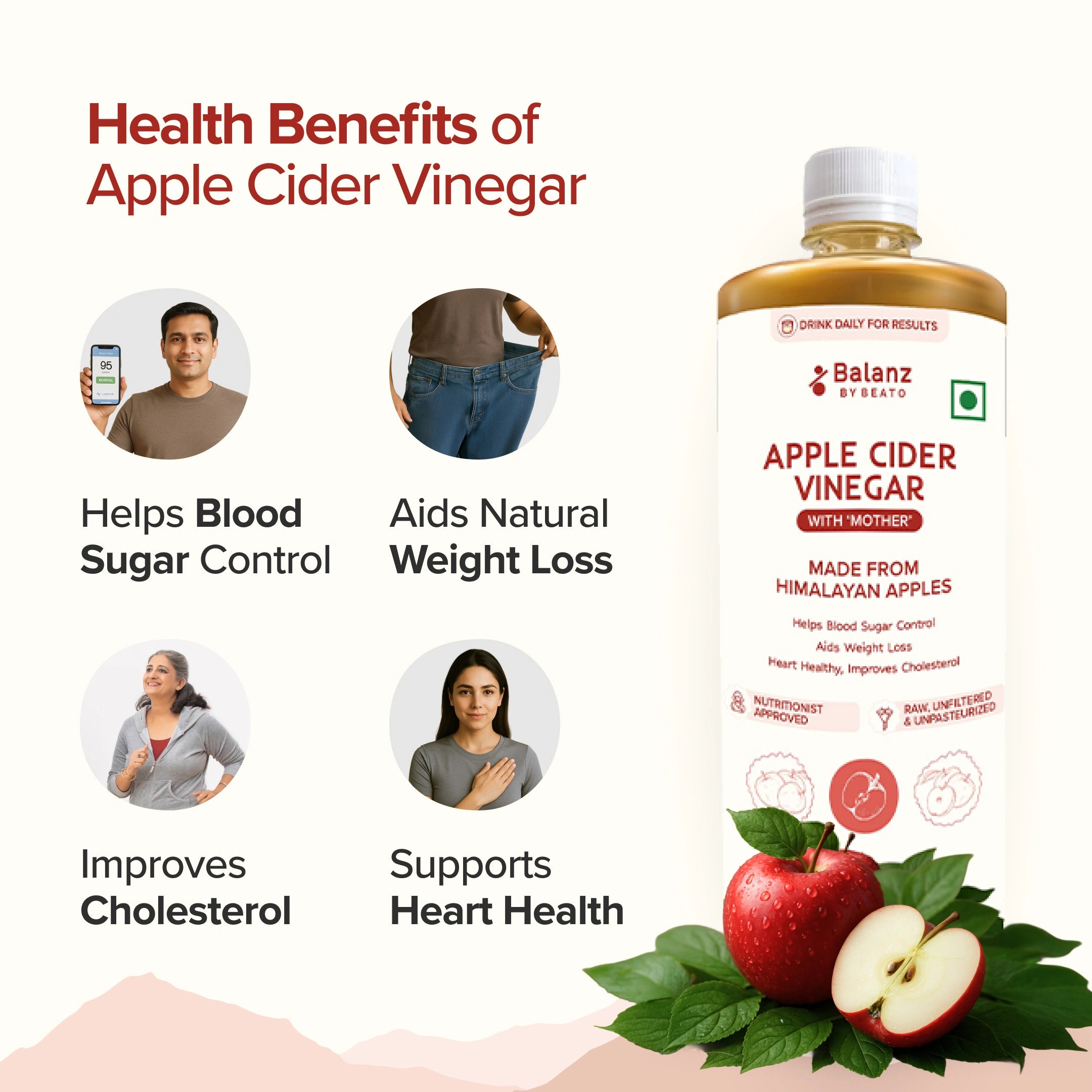 Balanz Apple Cider Vinegar bottle with health benefits listed on a white background