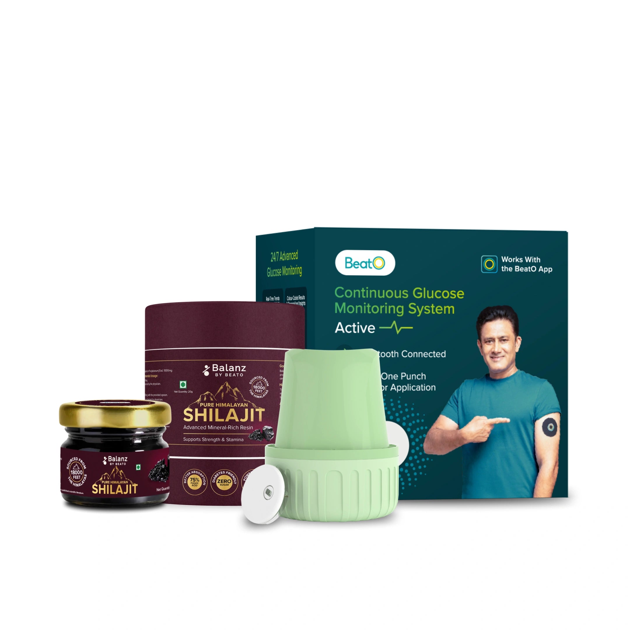 Health and wellness products including a jar, container, and Continuous Glucose Monitoring System on a white background.