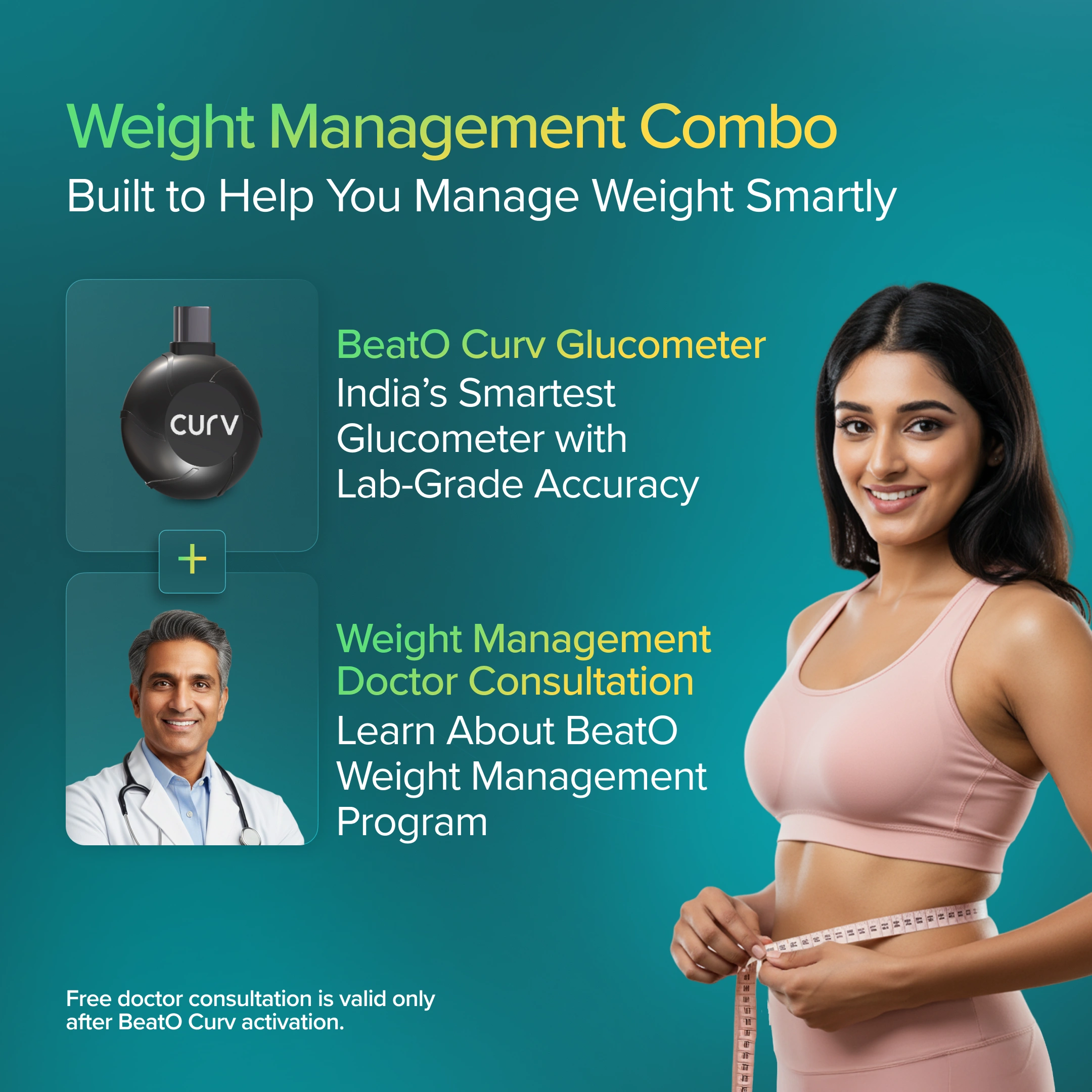 Advertisement for weight management combo with a woman measuring her waist and a doctor, set against a teal background.