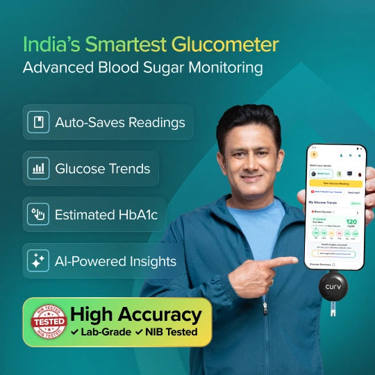 Person holding a smartphone with glucometer app, text about smart glucometer features on a teal background