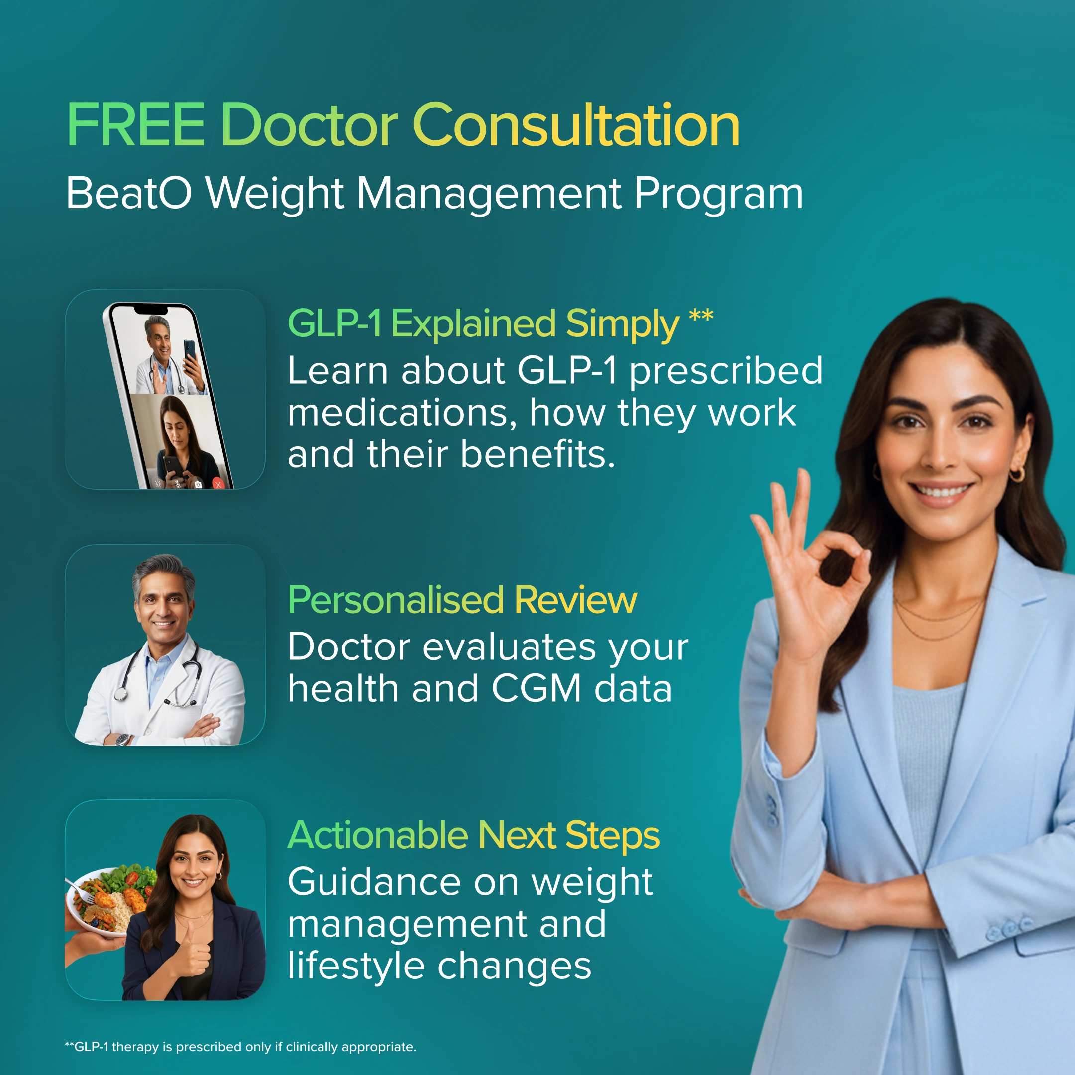 Promotional graphic for a weight management program with a doctor and woman on a blue background.
