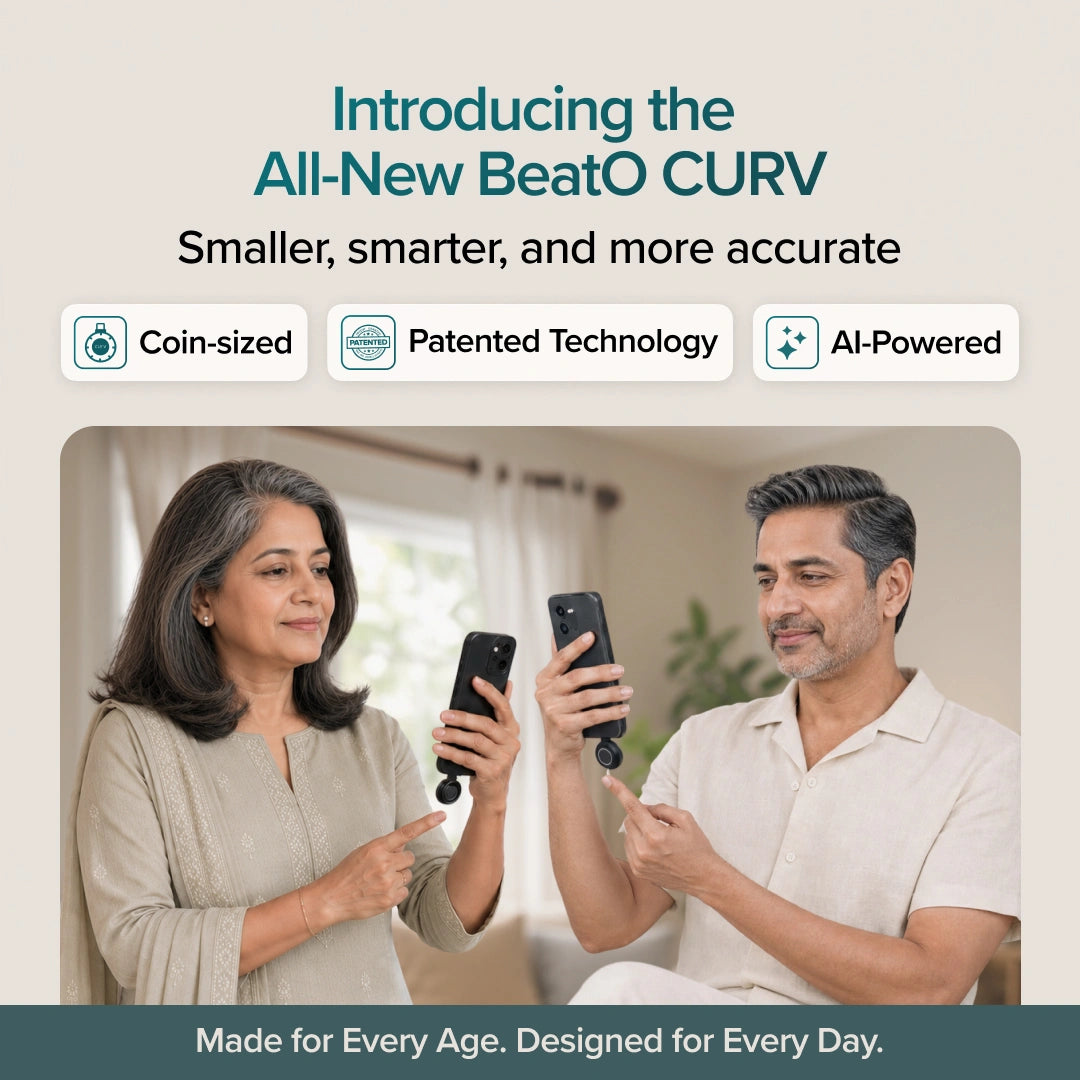 Promotional graphic for the BeatO CURV smart coin tracker, showing a man and woman holding the black coin-sized trackers in a bright indoor setting. The text highlights features like 'Smaller, smarter, and more accurate', 'Coin-sized', 'Patented Technology', and 'AI-Powered'.