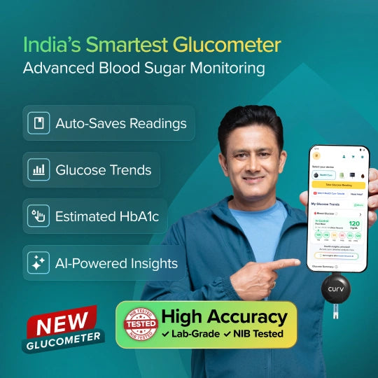 Advertisement for India's smart glucometer with a man pointing to a smartphone app on a teal background.