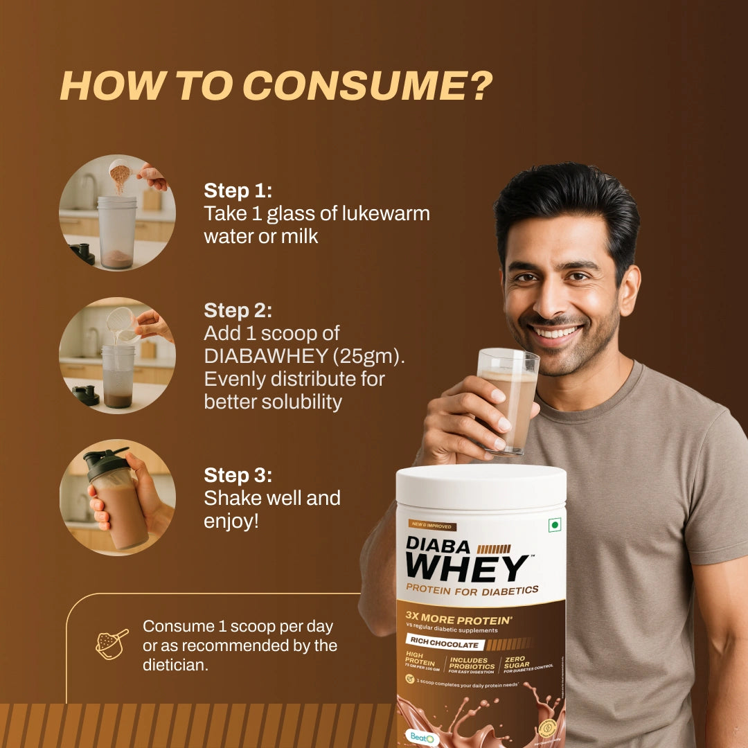 Man holding a glass of DiabaWhey protein shake with instructions on how to consume it.