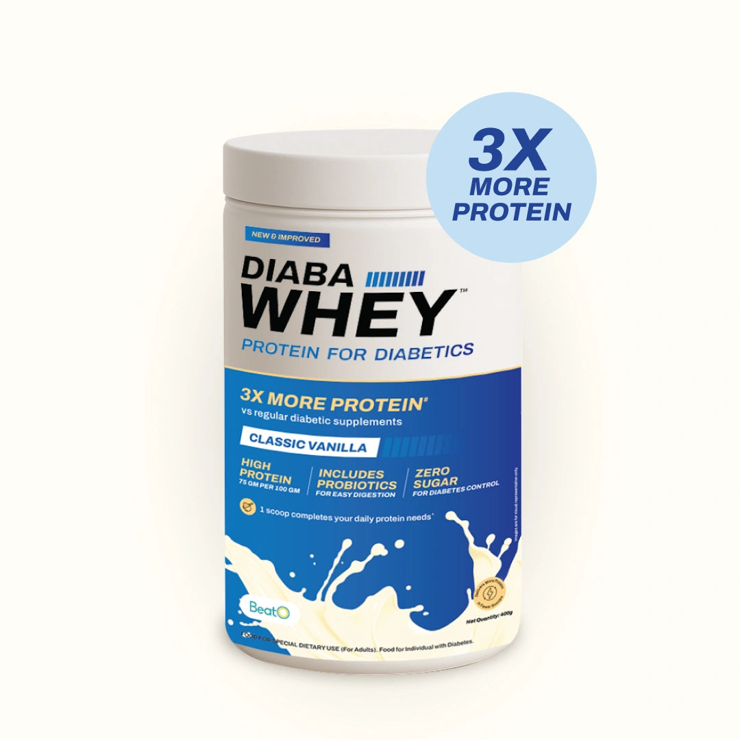 DiabaWhey protein powder container with blue and white design on a white background