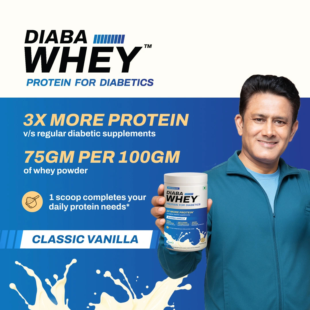 Advertisement for DiabaWhey protein powder for diabetics, featuring a man holding a container.