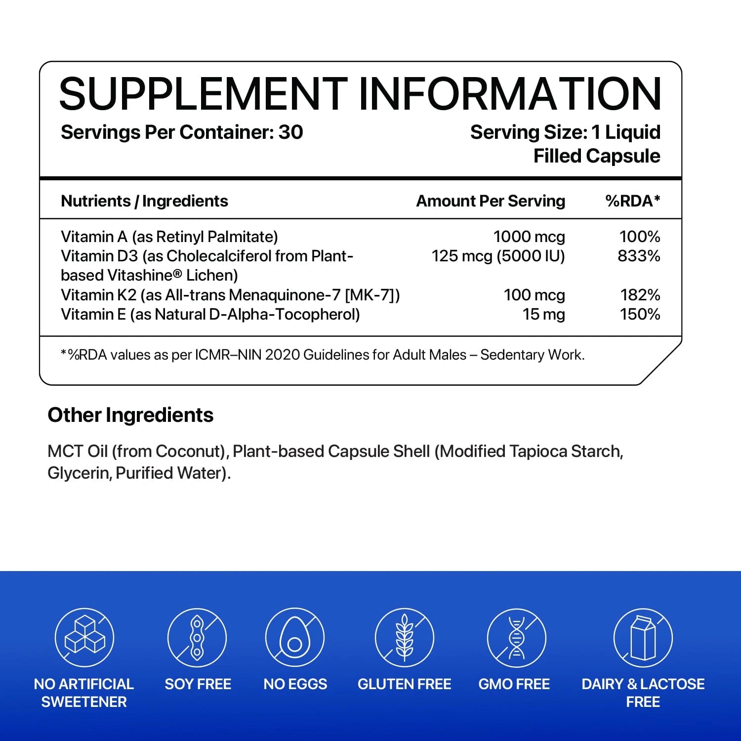 Supplement information label with vitamins and ingredients on a white background