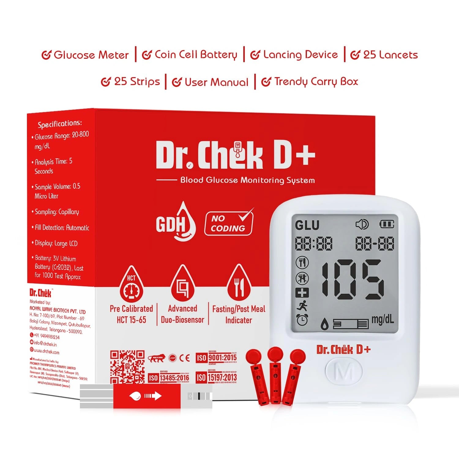 Dr. Chek D+ blood glucose monitoring system with digital meter, lancets, and strips on a white background.