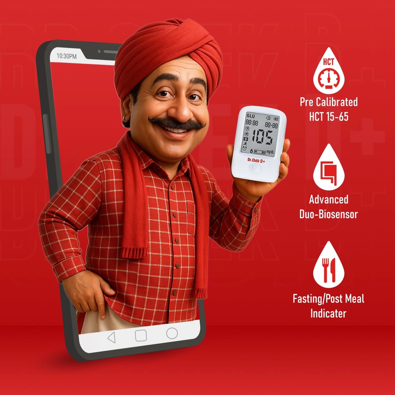 Person holding a digital device with features highlighted on a red background