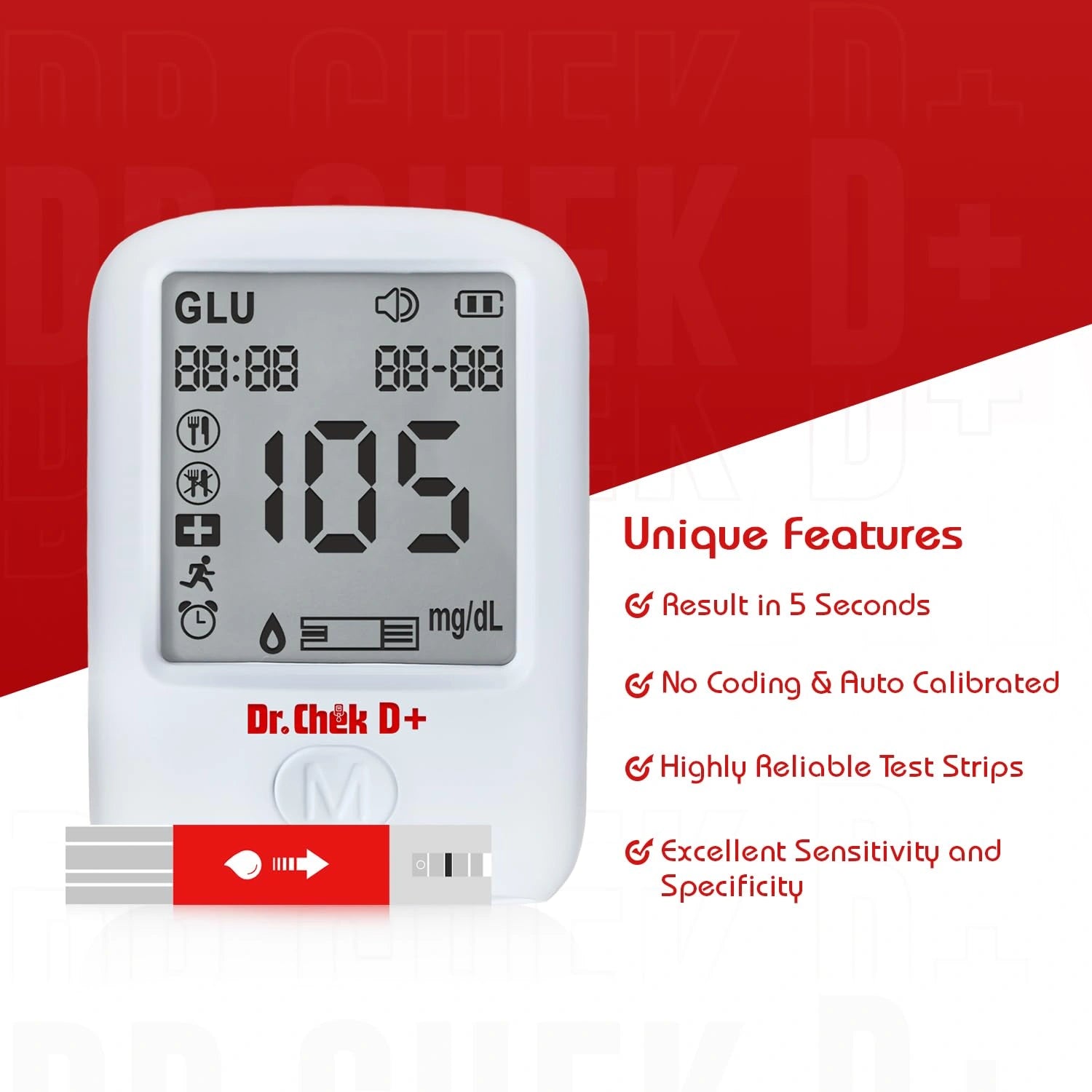 Dr. Chek D+ blood glucose monitor with features listed on a red and white background