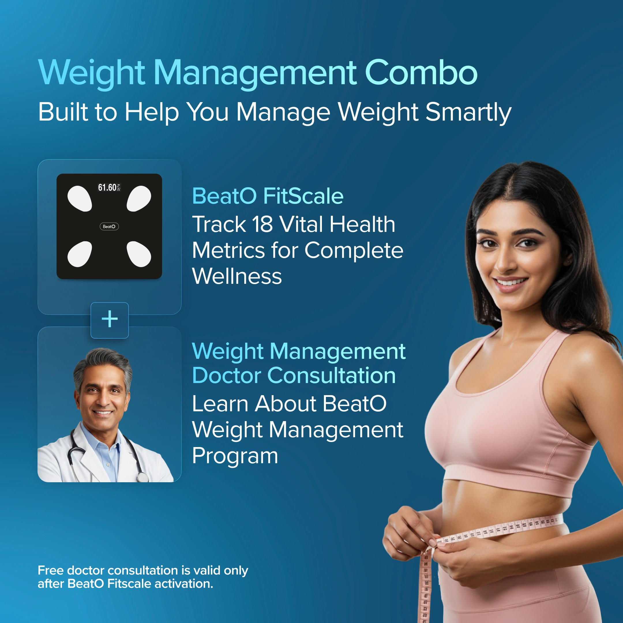 Advertisement for a weight management combo with a woman measuring herself, a FitScale, and a doctor, on a blue background.