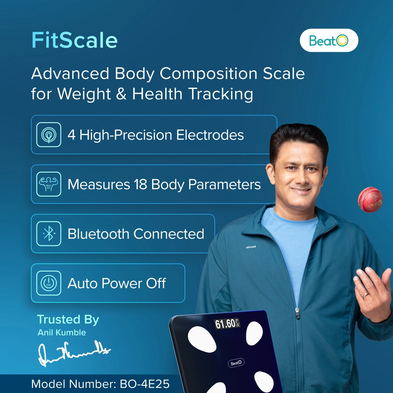 FitScale advanced body composition scale with a man holding an apple on a blue background