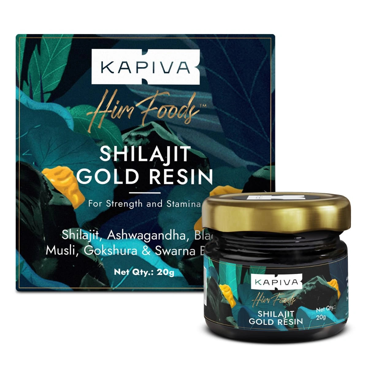 Kapiva Shilajit Gold Resin packaging with a dark background and green leaves.
