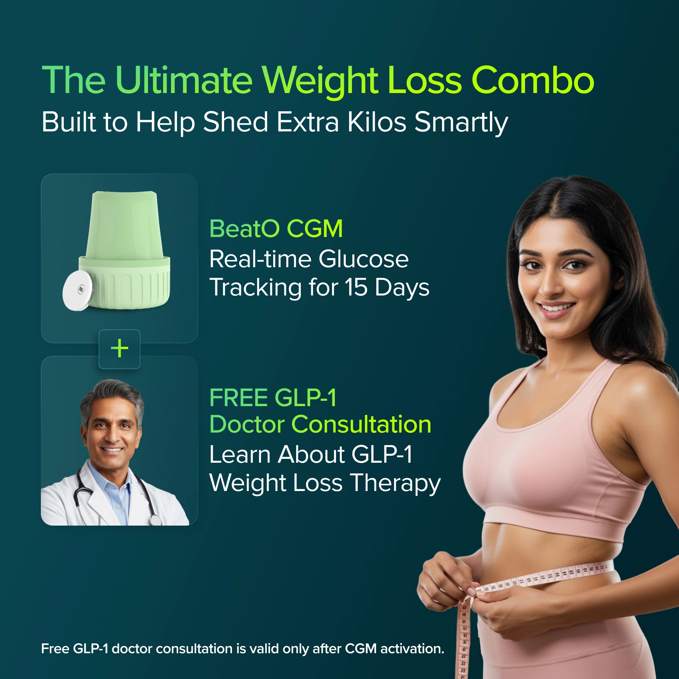 Advertisement for weight loss combo with BeatO CGM and doctor consultation on a dark green background.