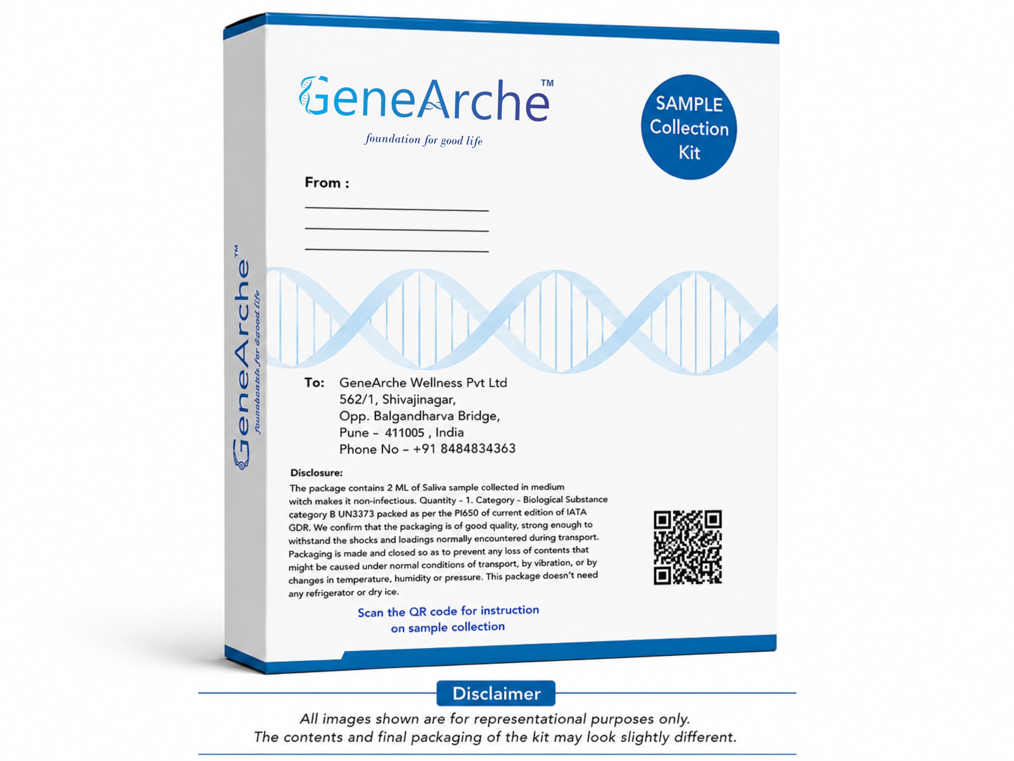 GeneArche Sample Collection Kit box packaging on a white background, featuring blue and white design with a DNA double helix graphic, sample collection form fields, and a disclaimer text at the bottom.