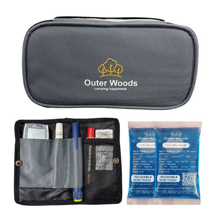 Gray carrying case with Outer Woods logo, open to show contents, and a blue reusable work towel packaging.