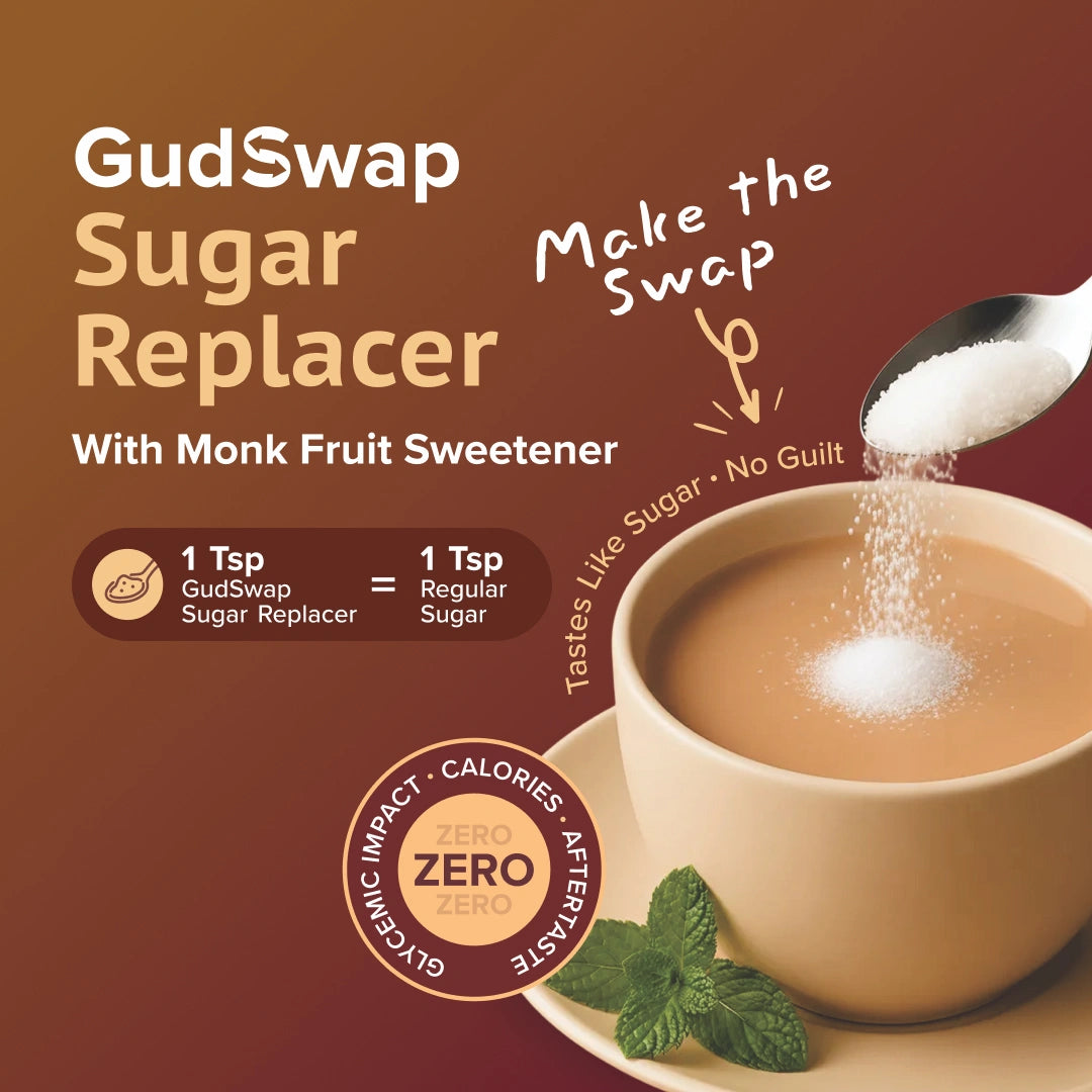 Advertisement for GudSwap Sugar Replacer with monk fruit sweetener, showing a spoon pouring the product into a cup of tea.