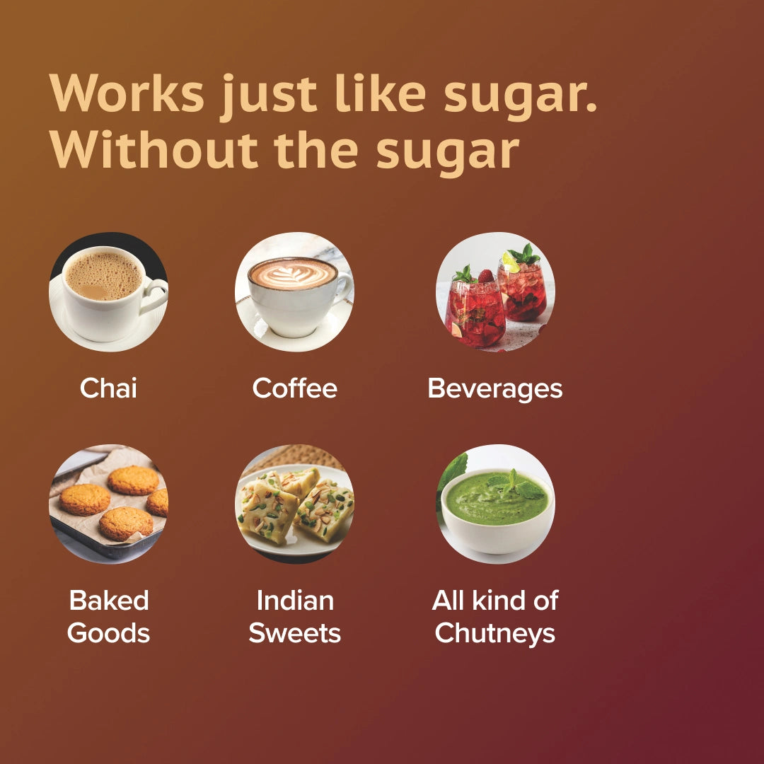 Product advertisement with images of chai, coffee, beverages, baked goods, Indian sweets, and chutneys on a brown background.